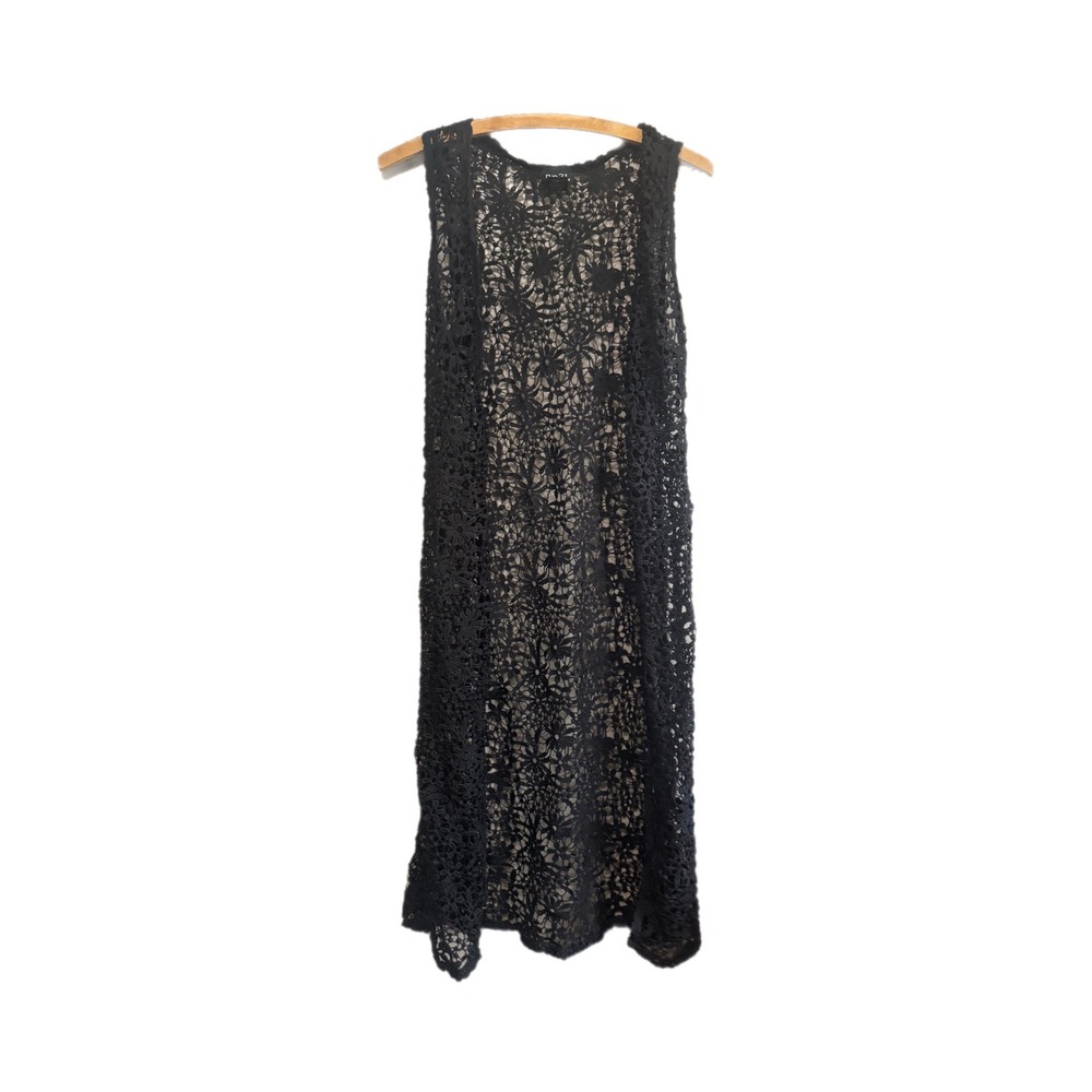 rue21 Crochet Lace Vest Women XS Black Excellent Longline Boho Open Front Maxi